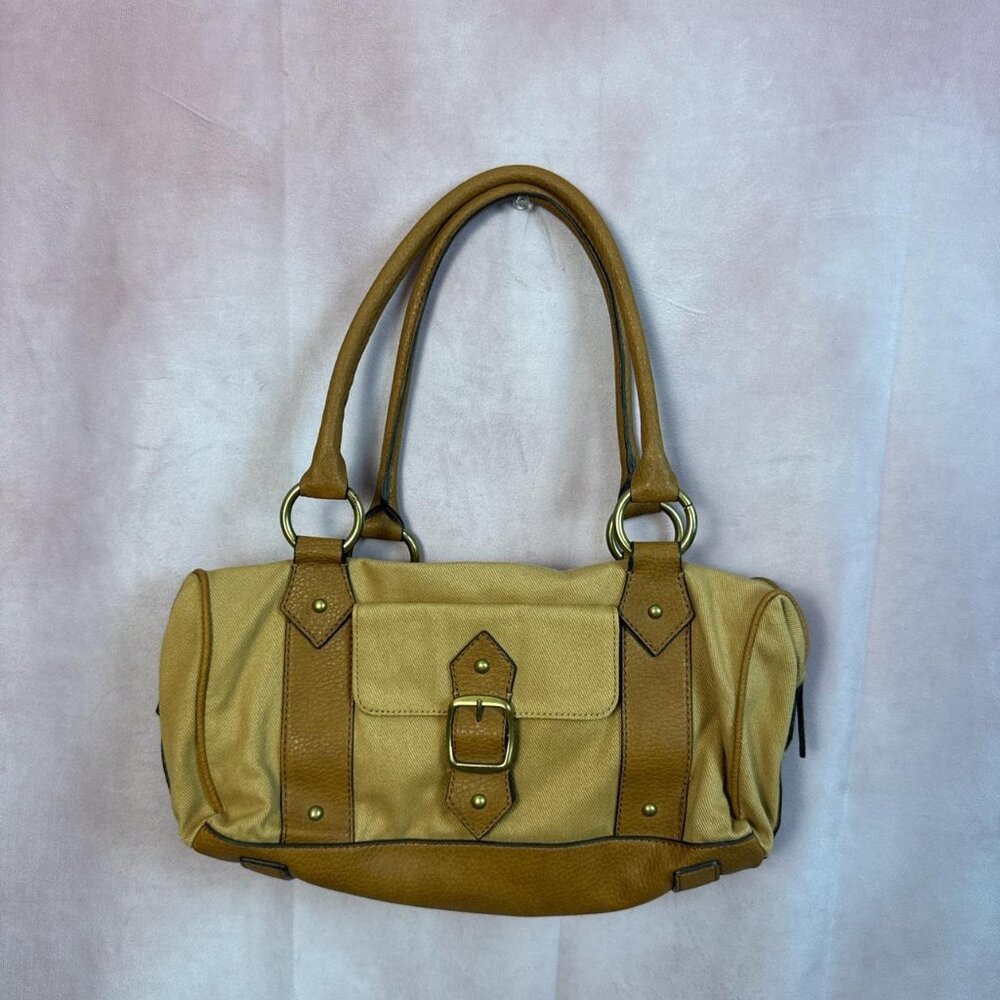 👜 Nine West Tan Canvas & Faux Leather Shoulder Bag + Mini Pouch